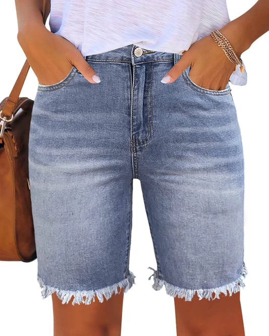 Utyful Womens Bermuda Jeans Shorts Summer Raw Hem Distressed Denim Shorts Blue Size Small