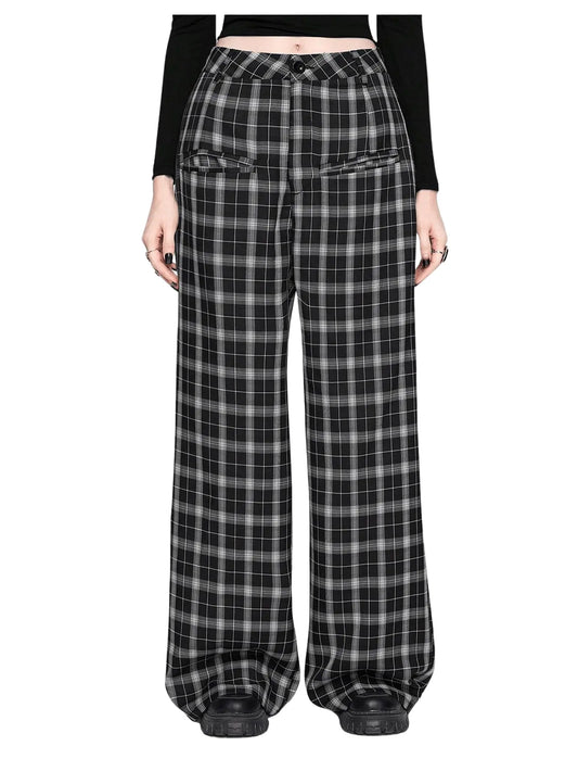 WDIRARA Womens Plaid Wide Leg Pants Casual High Waist Long Pants Trousers Black Small
